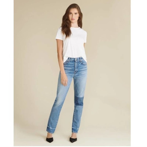 Veronica Beard Ryleigh High Rise Slim Straight Patched Jeans Blue Inseam 28” - Picture 2 of 14